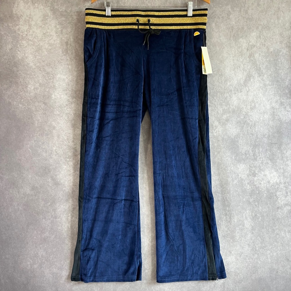 C&C California Velour Track Pants Womens‎ Large Navy Gold Metallic Striped NEW